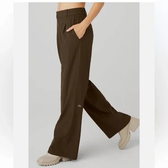 Alo Pursuit Trouser Women Small Brown Espresso Wide Leg High Waist Pleated Pants - Picture 12 of 12